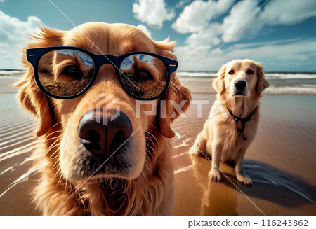 Dogs wearing sunglasses are taking selfies on a bea 116243862