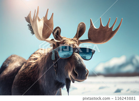 Cute moose in glasses with antlers looks cool 116243881