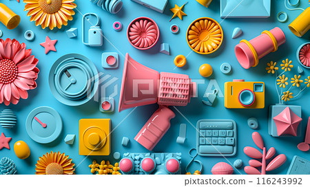 Concept of Online Reputation Management with Flat Design Top View and Complementary Color Scheme in 3D Render Social Media Strategy 116243992