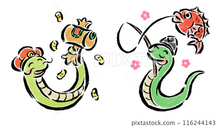 Snake Ebisu and Daikokuten, hand-drawn illustration with brush strokes 116244143