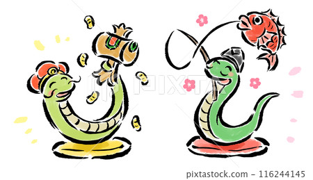 Snake Ebisu and Daikokuten with cushions, hand-drawn illustration Snake Ebisu and Daikokuten with cushions, hand-drawn illustration 116244145