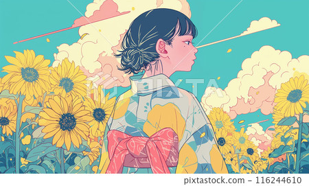 向日葵田裡穿著和服的女人 向日葵田裡穿著和服的女人 116244610