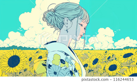 一個穿著浴衣的女人站在向日葵田裡 一個穿著浴衣的女人站在向日葵田裡 116244653