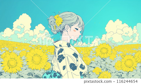 一個穿著浴衣的女人站在向日葵田裡 一個穿著浴衣的女人站在向日葵田裡 116244654