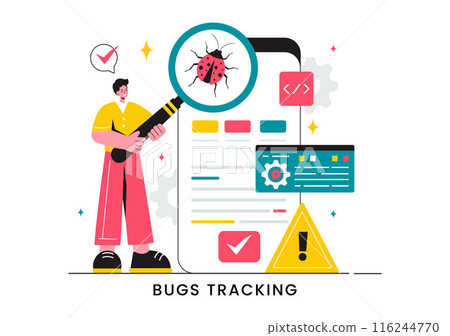 Vector Illustration of a Bug Tracking Tool with Mobile Phone Protection from Computer Viruses in a Website Security Flat Cartoon Background 116244770