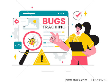 Vector Illustration of a Bug Tracking Tool with Mobile Phone Protection from Computer Viruses in a Website Security Flat Cartoon Background 116244780