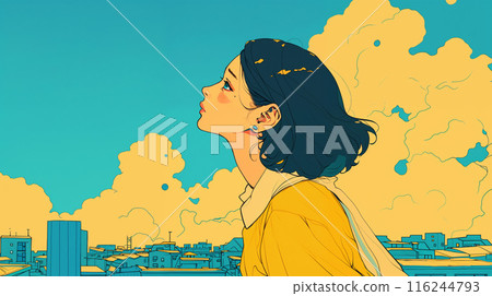 Profile of a woman gazing at the summer sky on a rooftop Profile of a woman gazing at the summer sky on a rooftop 116244793