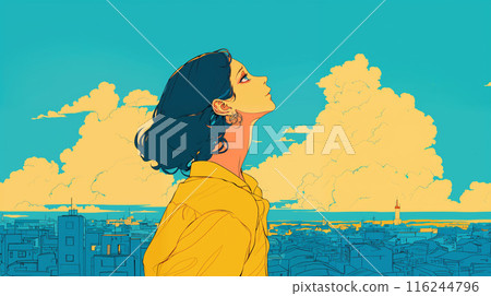 一個女人在屋頂上看著夏日天空的輪廓 一個女人在屋頂上看著夏日天空的輪廓 116244796