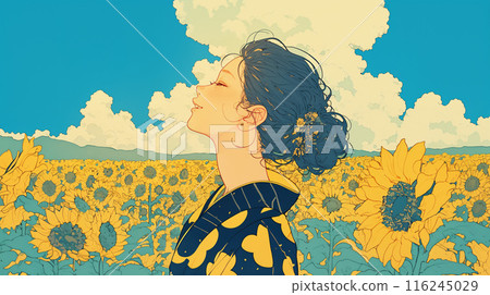 一個穿著浴衣的女人站在向日葵田裡 一個穿著浴衣的女人站在向日葵田裡 116245029