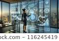Woman working in futuristic office scene 116245419