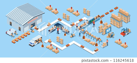 Automated warehouse robotic and autonomous robot transportation service concept with Automated Guided Vehicles (AGVs) and Autonomous Mobile Robots (AMRs). Vector illustration EPS 10 116245618