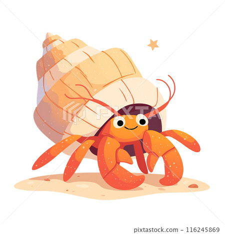 Cute cartoon hermit crab with a big shell, happy expression, and tiny legs on a sandy beach with a small starfish. Cute cartoon hermit crab with a big shell, happy expression, and tiny legs on a sandy beach with a small starfish. 116245869