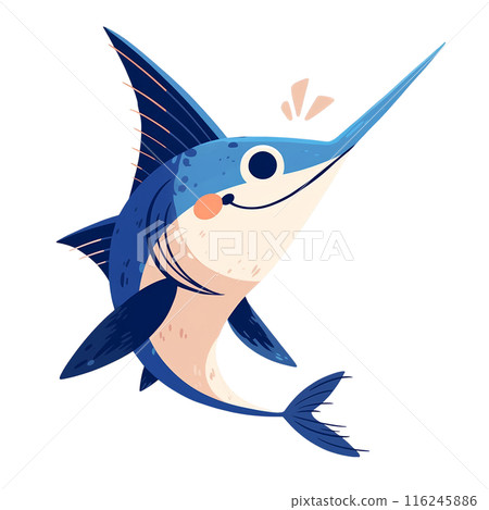 Cute cartoon illustration of a vibrant blue swordfish with playful expression, isolated on a white background. 116245886