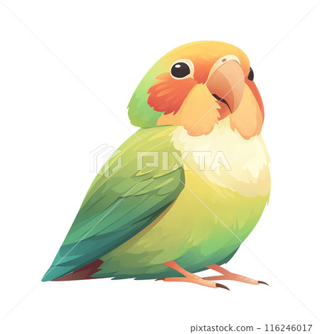 Colorful cartoon parrot with vibrant green, orange, and yellow feathers. Perfect for animal and nature-themed designs. 116246017