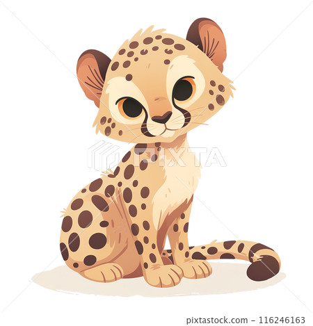 Adorable cartoon cheetah cub, characterized by its big eyes and spotted fur, sitting in a cute and playful pose. Adorable cartoon cheetah cub, characterized by its big eyes and spotted fur, sitting in a cute and playful pose. 116246163