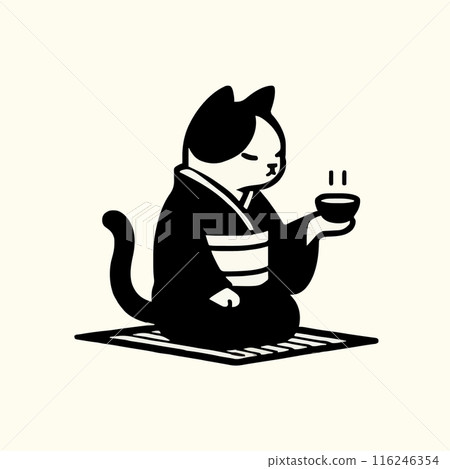 穿著和服的貓咪錶演茶道的單色插圖 116246354