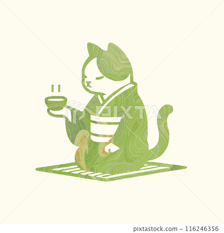 穿著和服的貓咪做茶道的漸層插圖 116246356