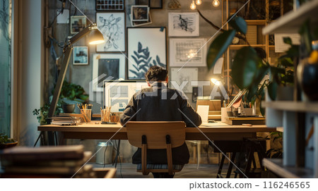 一名男子在設計辦公室進行設計的後視圖 一名男子在設計辦公室進行設計的後視圖 116246565