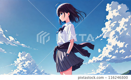 A girl in a uniform fluttering in the wind under a blue sky 116246800