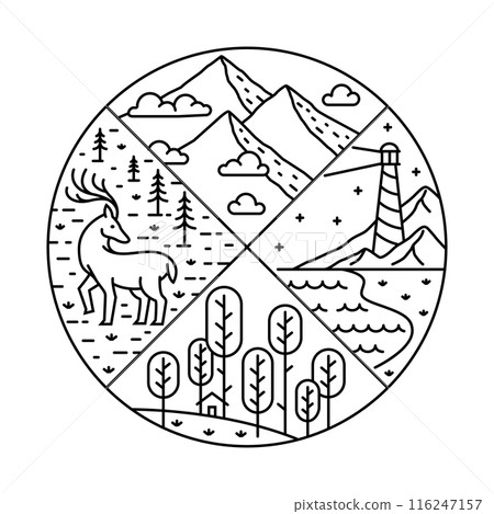 Natural landscape in circle frame illustration Natural landscape in circle frame illustration 116247157
