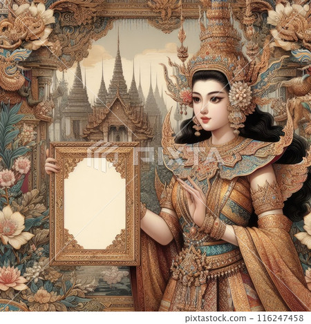 Young Asian girl with Thai traditional clothing chuttai dress holding blank sign with Generative AI. 116247458