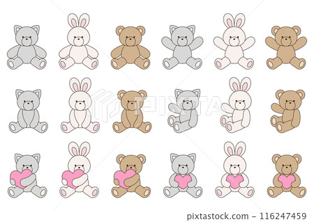Vector illustration set of cute bear, rabbit and cat stuffed animals Icon Heart Animal 116247459