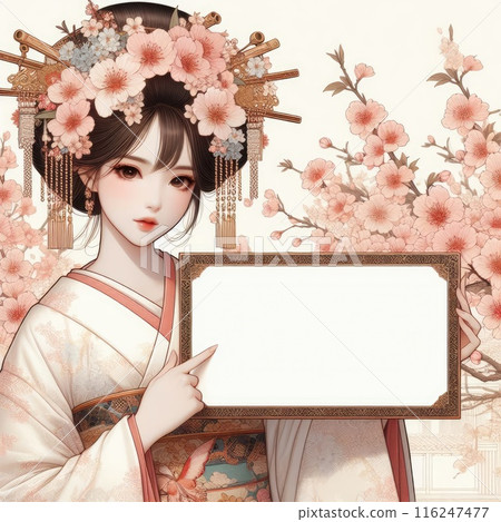 Young Asian girl with kimono dress holding blank sign with Generative AI. Young Asian girl with kimono dress holding blank sign with Generative AI. 116247477
