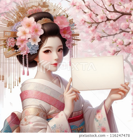 Young Asian girl with kimono dress holding blank sign with Generative AI. Young Asian girl with kimono dress holding blank sign with Generative AI. 116247478