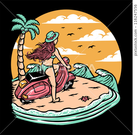 beautiful woman riding a scooter on the beach illustration 116247556