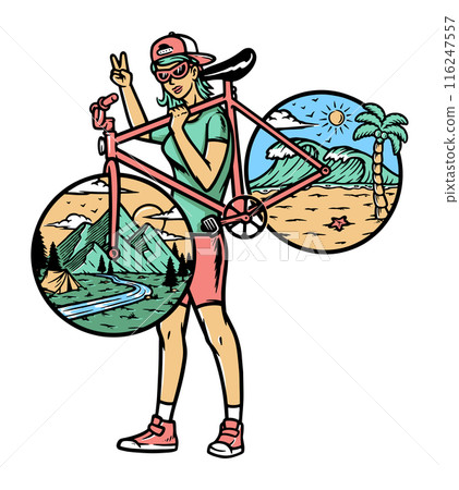 beautiful woman and her bike illustration 116247557