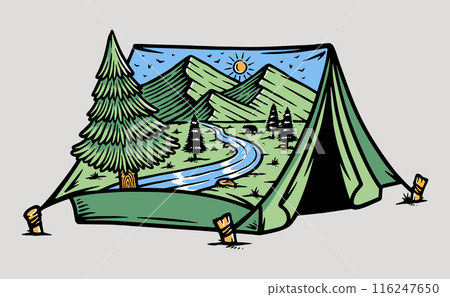 mountain view inside tent silhouette illustration mountain view inside tent silhouette illustration 116247650