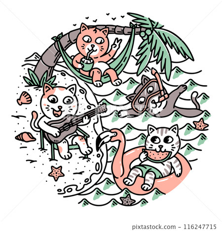 A group of cats doing activities on the beach A group of cats doing activities on the beach 116247715