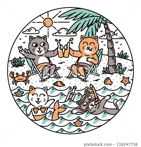 A group of cats doing activities on the beach A group of cats doing activities on the beach 116247716