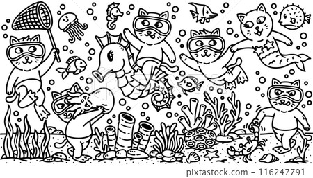 a group of cute cats diving in the sea 116247791