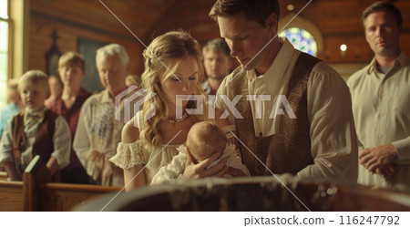 United Family in Church in the Sacred Moment of Baptism 116247792