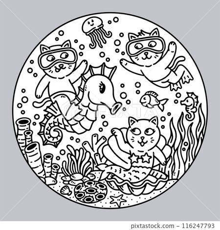 a group of cats having fun in the sea illustration 116247793