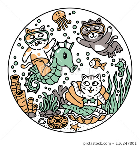a group of cats having fun in the sea illustration 116247801