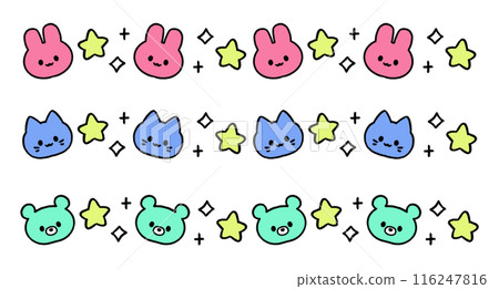 Rabbit, cat, bear star and glitter line illustration set, neon colors 116247816