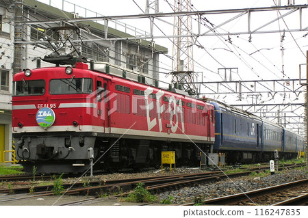 Sleeper express train Elm pulling into Okubo Depot 116247835