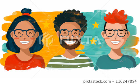 Engaging Customer Feedback Cartoon Illustration in Triadic Color Scheme for User Reviews - Flat Design Front View Engaging Customer Feedback Cartoon Illustration in Triadic Color Scheme for User Reviews - Flat Design Front View 116247854