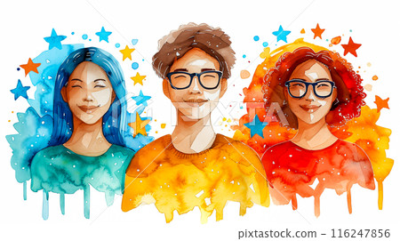 Colorful Customer Feedback: Front View Cartoon Drawing in Triadic Scheme for User Reviews - Flat Design Concept Colorful Customer Feedback: Front View Cartoon Drawing in Triadic Scheme for User Reviews - Flat Design Concept 116247856