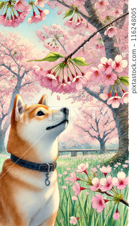 A spring scene with a Shiba Inu and cherry blossoms 116248005