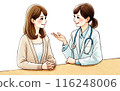 A female doctor giving a reassuring explanation and counseling and a woman with semi-long hair listening to the explanation 116248006
