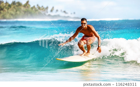 A person surfing in a tropical country A person surfing in a tropical country 116248311