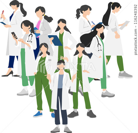 Illustration of a woman thinking about a doctor (doctor, female doctor) wearing a white coat Illustration of a woman thinking about a doctor (doctor, female doctor) wearing a white coat 116248392