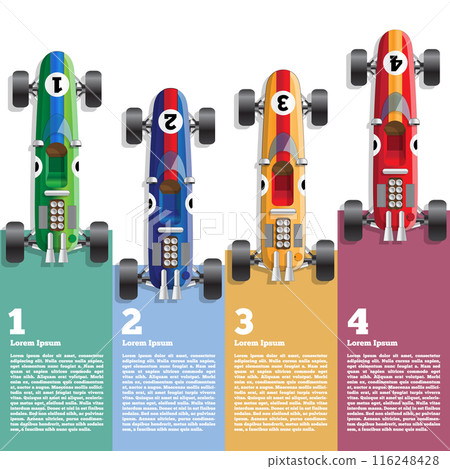 Retro racing cars. View from above. The template for the presentation. Vector illustration. Retro racing cars. View from above. The template for the presentation. Vector illustration. 116248428