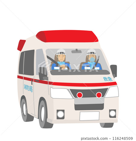 Illustration of emergency personnel in an ambulance 116248509