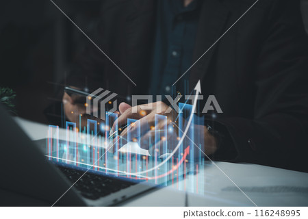 Businessman hand touch graph investing in stock markets and financial chart data analysis report statistics online trading forex. Digital marketing concept 116248995
