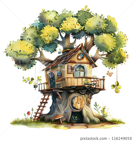 Cartoon tree house with a ladder in the garden. Watercolor illustration on white background 116249058