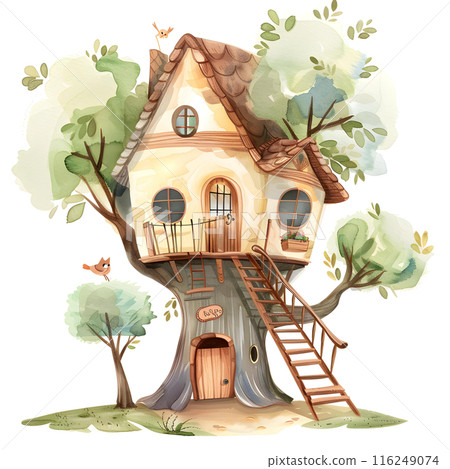 Cartoon tree house with a ladder in the garden. Watercolor illustration on white background 116249074